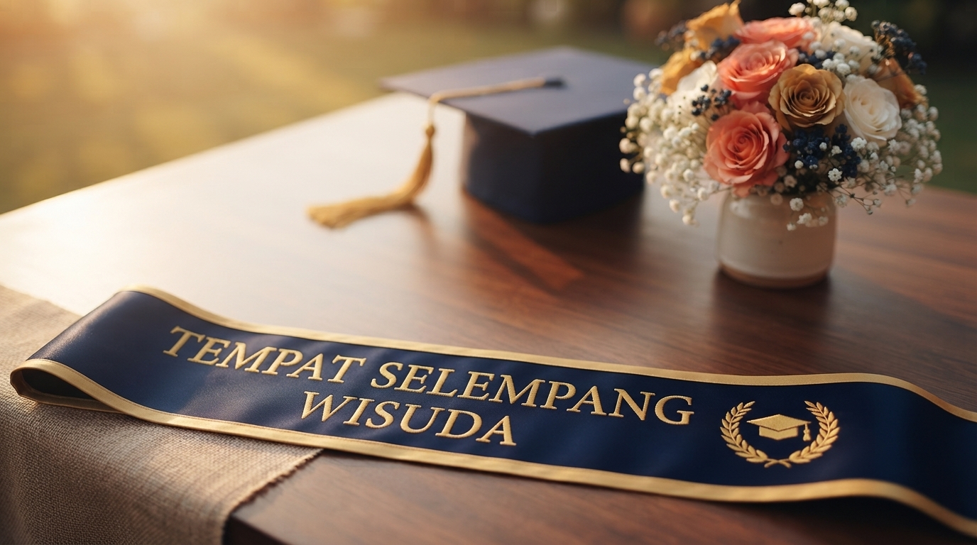 Selempang wisuda, toga, dan bunga untuk momen kelulusan